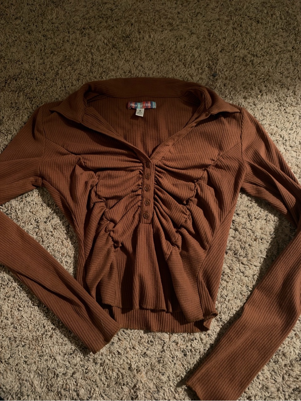 Urban Outfitters Brown Ruched Long-Sleeve Button-Up Top